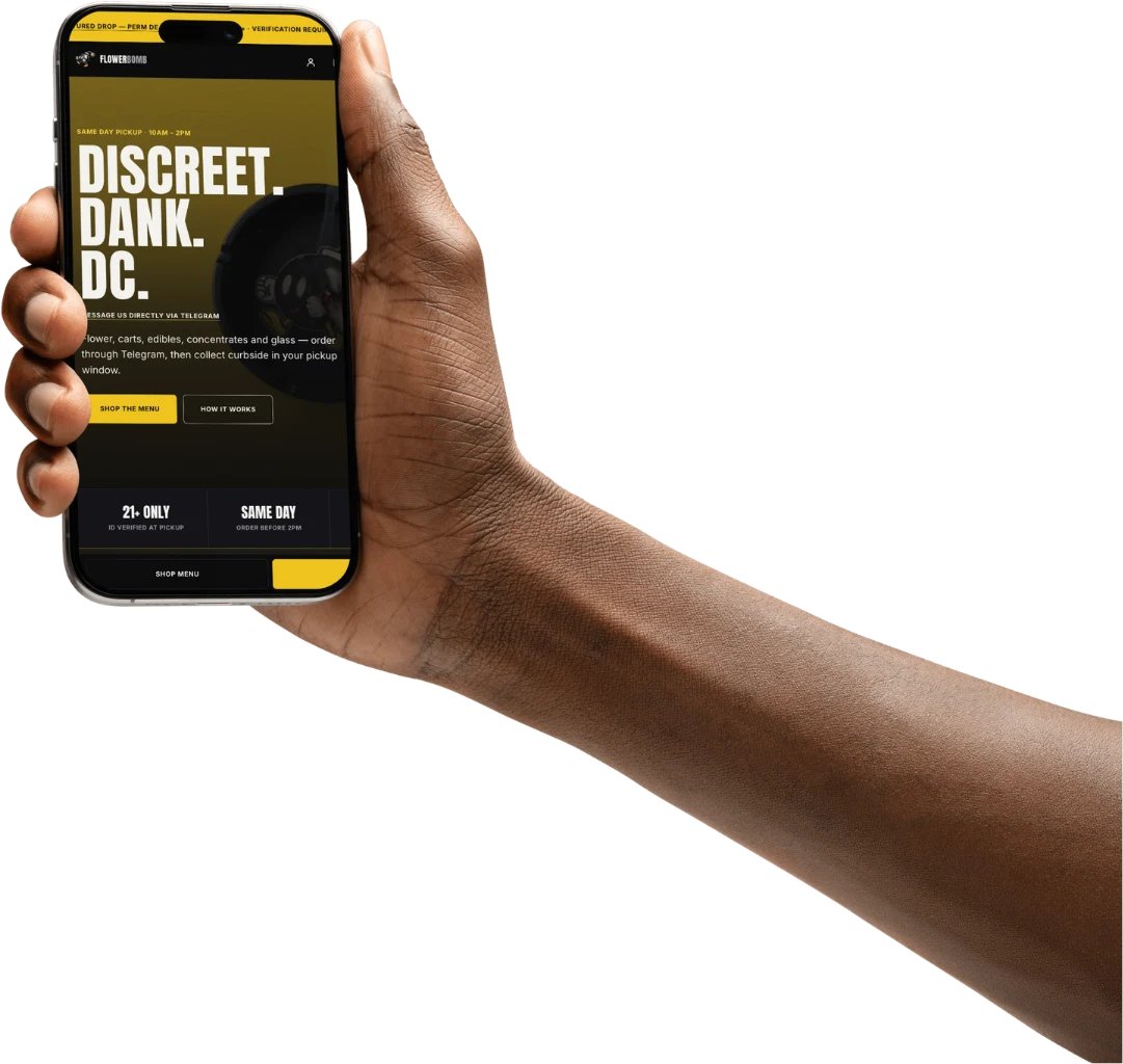 Hand holding the FlowerBomb DC mobile website